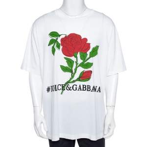 Pre Owned Dolce & Gabbana White Cotton Jersey Rose Print T-Shirt 4XL