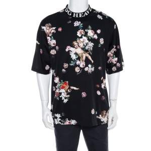 Pre Owned Dolce & Gabbana Black Heaven Flower Print Cotton Mock Neck T-Shirt M