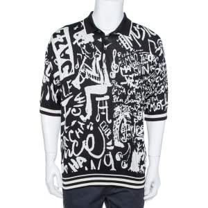 Pre Owned Dolce & Gabbana Monochrome Silk Jazz Print Intarsia Knit Polo T Shirt XXL