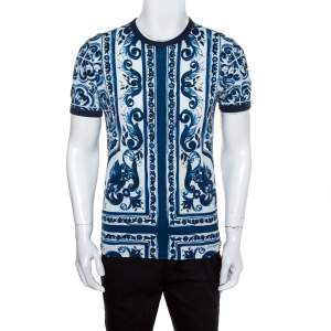 Pre Owned Dolce & Gabbana Blue Majolica Printed Cotton Crewneck T-Shirt L