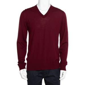 Pre Owned Dolce & Gabbana Burgundy Wool V-Neck Long Sleeve Pullover XL