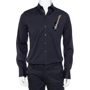 Pre Owned Dolce & Gabbana Navy Blue Cotton Sequin Embellished Guitar Applique Sicilia Shirt L