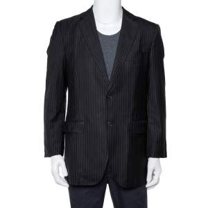 Pre Owned Dolce & Gabbana Black Striped Wool & Silk Button Front Vintage Blazer L