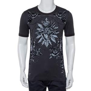 Dolce & Gabbana Grey Sacred Heart Flock Print Cotton T-Shirt XS