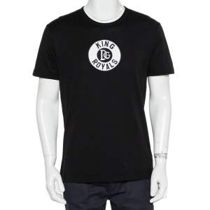Pre Owned Dolce & Gabbana Black Cotton King Royals Patch Crewneck T-Shirt L