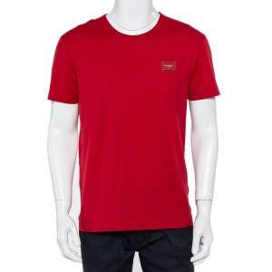 Pre Owned Dolce & Gabbana Red Cotton Logo Plaque Detail T-Shirt L