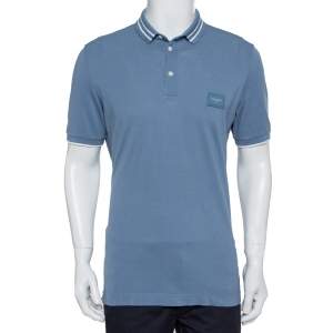 Pre Owned Dolce & Gabbana Blue Cotton Logo Plaque Detail Polo T-Shirt L