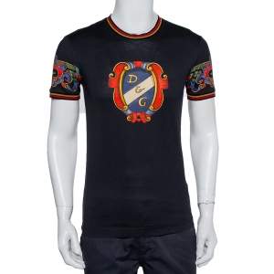Pre Owned Dolce & Gabbana Black Heraldic Printed Cotton Crewneck T-Shirt XS