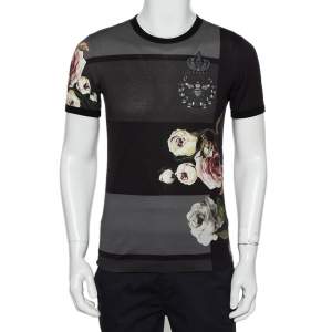 مملوكة مسبقًا Dolce & Gabbana Charcoal Grey Floral Printed Cotton Crewneck T-Shirt XS