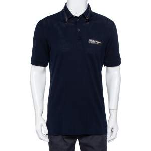 مملوكة مسبقًا Dolce & Gabbana Navy Blue Cotton Pique Collar Zip Detail Polo T-Shirt L
