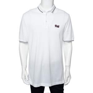 Pre Owned Dolce & Gabbana White Logo Embroidered Cotton Pique Polo T-Shirt XXL
