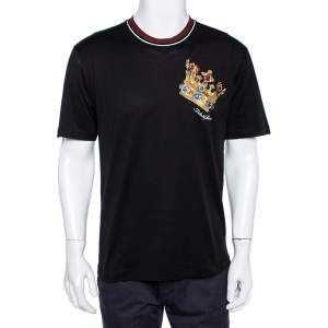 مملوكة مسبقًا Dolce & Gabbana Black Chest Embroidered King Crew Neck T-Shirt M