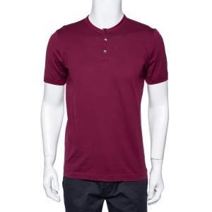 Pre Owned Dolce & Gabbana Burgundy Cotton Button Front Round Neck T-Shirt L