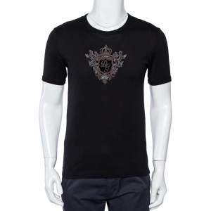 مملوكة مسبقًا Dolce & Gabbana Black Cotton Logo Embellished Crewneck T-Shirt S