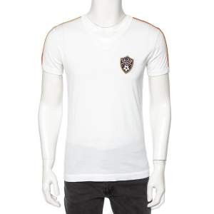 Pre Owned Dolce & Gabbana White Cotton Calcio Italia Shoulder Stripe Detail V-Neck T-Shirt M