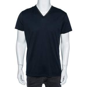 Pre Owned Dolce & Gabbana Navy Blue Jersey Contrast Trim Detail T-Shirt L 