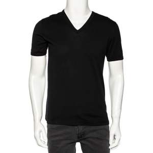 Pre Owned تي شيرت دولتشي أند غابانا قطن أسود مطبوع رقبة حرف ڨي أكمام قصيرة مقاس وسط (ميديوم)