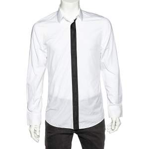مملوكة مسبقًا Dolce & Gabbana White Cotton Contrast Logo Tape Detail Gold Fit Shirt M