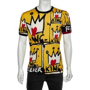 Pre Owned Dolce & Gabbana Yellow Graffiti Printed Cotton Crewneck T-Shirt M