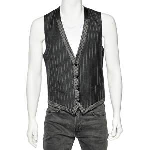Pre Owned Dolce & Gabbana Charcoal Grey Striped Wool Contrast Trim Vest M