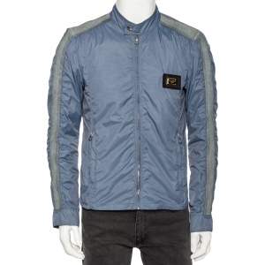 Pre Owned Dolce & Gabbana Blue Synthetic and Leather Trim Zip Front Jacket M