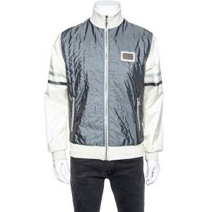Pre Owned Dolce & Gabbana Grey & Cream Colorblock Synthetic Zip Front Jacket L