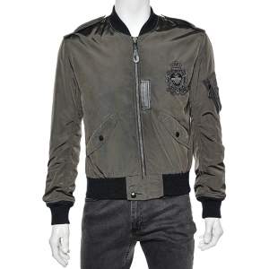 Pre Owned Dolce & Gabbana Military Green Nylon Bee & Crown Embellished Bomber Jacket S
