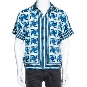Pre Owned قميص دولتشي أند غابانا حرير أزرق مطبوع بأكمام قصيرة مقاس صغير جدًا - إكس سمول