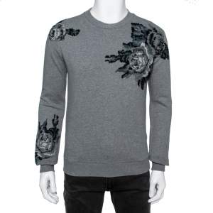 Pre Owned Dolce & Gabbana Grey Cotton Knit Patch Detail Sweatshirt XS