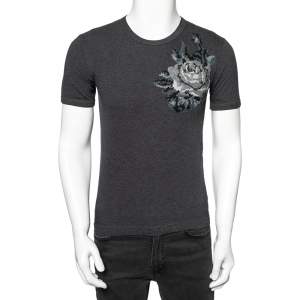Pre Owned Dolce & Gabbana Charcoal Grey Cotton Knit Patch Detail T-Shirt XS