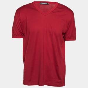 Pre Owned Dolce & Gabbana Burgundy Cotton Short Sleeve V Neck T-Shirt XXL