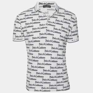 Pre Owned Dolce & Gabbana White and Black All Over Logo Printed Polo T-Shirt S
