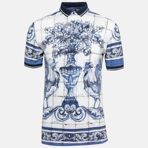 Pre Owned Dolce & Gabbana White/Blue Cotton Majolica Polo T-Shirt S