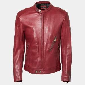 Pre Owned Dolce & Gabbana Red Leather Zip Front Biker Jacket M