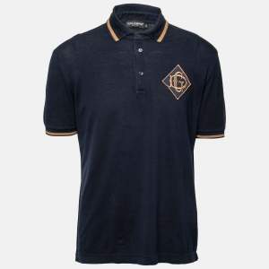 Pre Owned Dolce & Gabbana Navy Blue Cotton Pique Logo Embroidered Polo T-Shirt XL