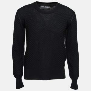 مملوكة مسبقًا Dolce & Gabbana Black Patterned Knit Wool Round Neck Jumper M