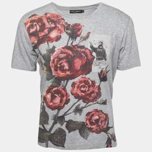 مملوكة مسبقًا Dolce & Gabbana Grey Rose Print Cotton Short Sleeve T-Shirt XS