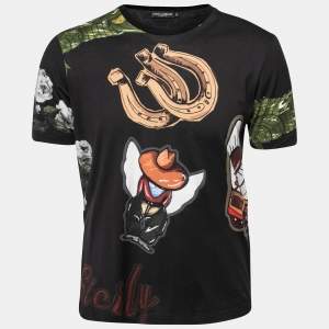 مملوكة مسبقًا Dolce & Gabbana Black Western Print Cotton Crewneck T-Shirt S