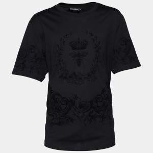 Pre Owned Dolce & Gabbana Black Floral Bee Flock Print Cotton Crew Neck T-Shirt 4XL