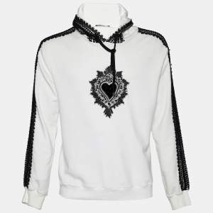 مملوكة مسبقًا Dolce & Gabbana White Cotton Lace Trim Hooded Sweatshirt S