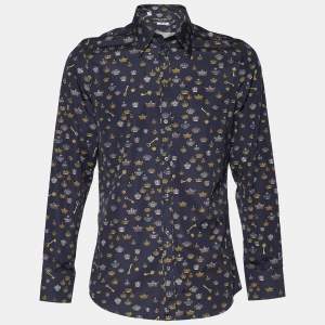 مملوكة مسبقًا Dolce & Gabbana Navy Blue Crown Print Cotton Gold Fit Shirt L
