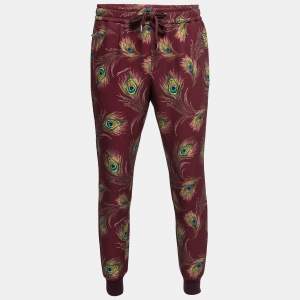 Pre Owned Dolce & Gabbana Burgundy Peacock Feather Print Jersey Jogger Pants M
