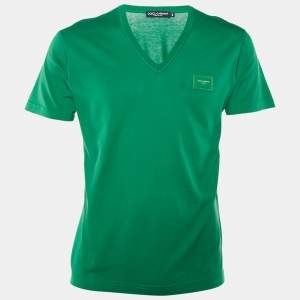 Pre Owned Dolce & Gabbana Green Cotton Knit Logo Plaque Detail V-Neck T-Shirt S
