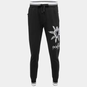 Pre Owned Dolce & Gabbana Black Cotton Heart Embroidered Joggers M