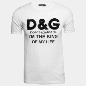 Pre Owned Dolce & Gabbana White Cotton Sequined Logo Print T-Shirt XS