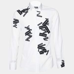 Pre Owned Dolce & Gabbana White Cotton Label Logo Patch Detail Gold Fit Shirt M