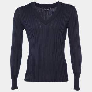 Pre Owned Dolce & Gabbana Navy Blue Rib Knit V-Neck Pullover L