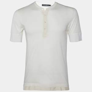 Pre Owned Dolce & Gabbana Light Cream Cotton Knit & Silk Button Front T-Shirt XS