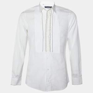 Pre Owned Dolce & Gabbana White Cotton Lace Ruffle Trim Tuxedo Shirt M