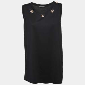 Pre Owned Dolce & Gabbana Black Cotton Knit Logo Detail Sleeveless Tank Top M
